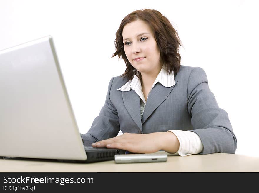 Woman with laptop on a white background