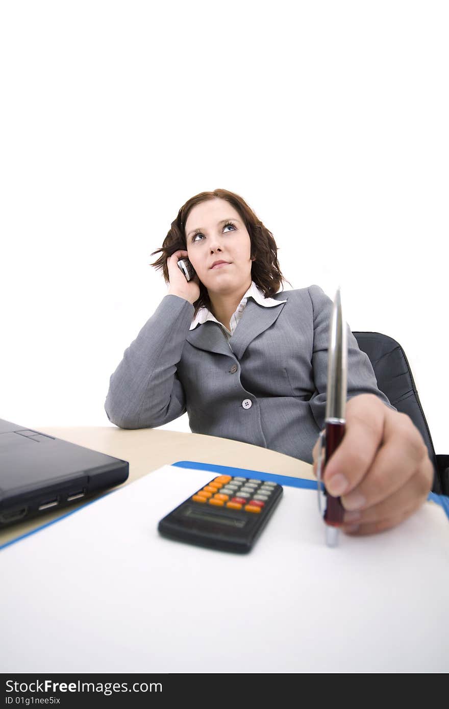 Woman with laptop on a white background