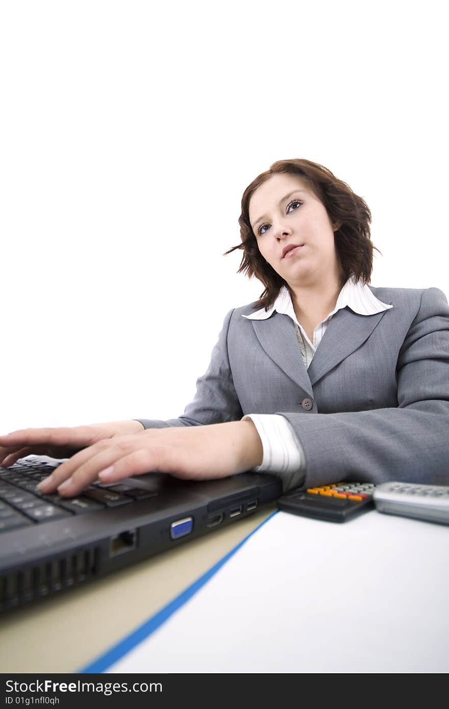 Woman with laptop on a white background