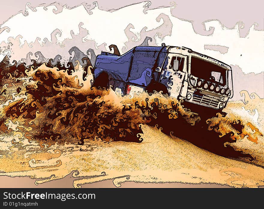 The lorry in the stylised clubs of a dust in desert. The lorry in the stylised clubs of a dust in desert