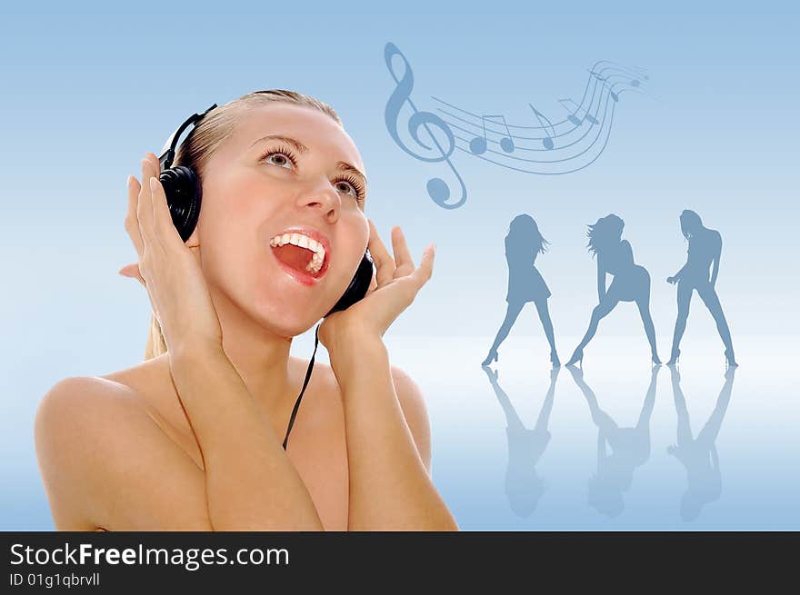 Portrait of happiness sexy young women with beautiful face in headphones and listening music. Portrait of happiness sexy young women with beautiful face in headphones and listening music