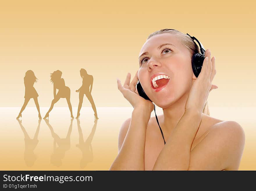 Portrait of happiness sexy young women with beautiful face in headphones and listening music. Portrait of happiness sexy young women with beautiful face in headphones and listening music