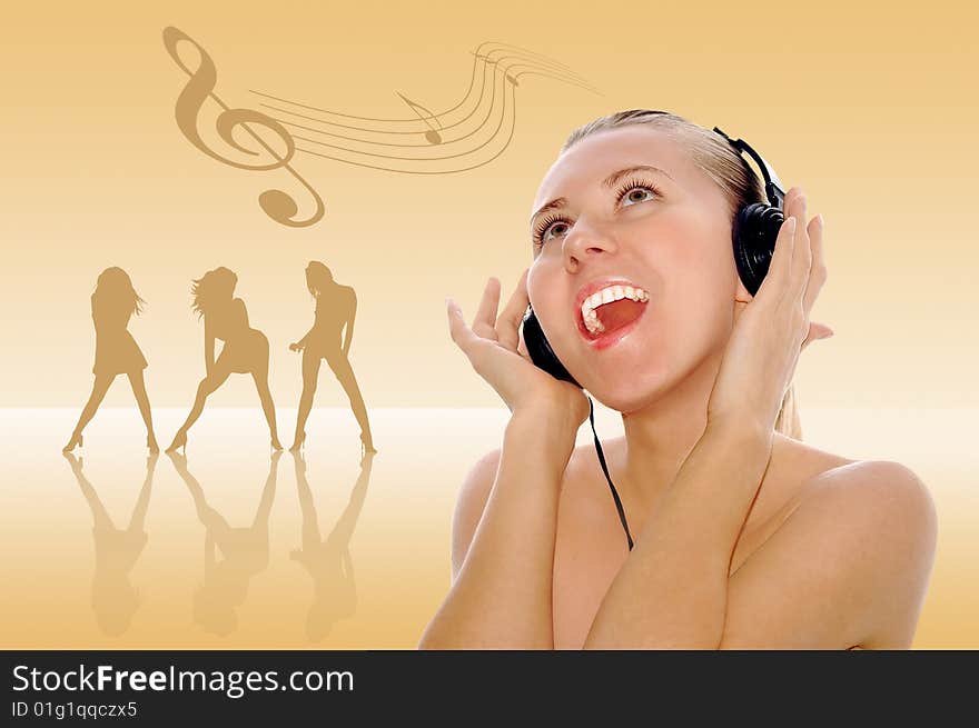 Portrait of happiness sexy young women with beautiful face in headphones and listening music on white. Portrait of happiness sexy young women with beautiful face in headphones and listening music on white