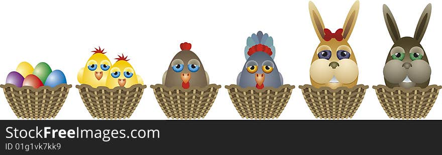 A set of baskets with Easter animals - cock, hen, chicken, bunny, eggs. A set of baskets with Easter animals - cock, hen, chicken, bunny, eggs