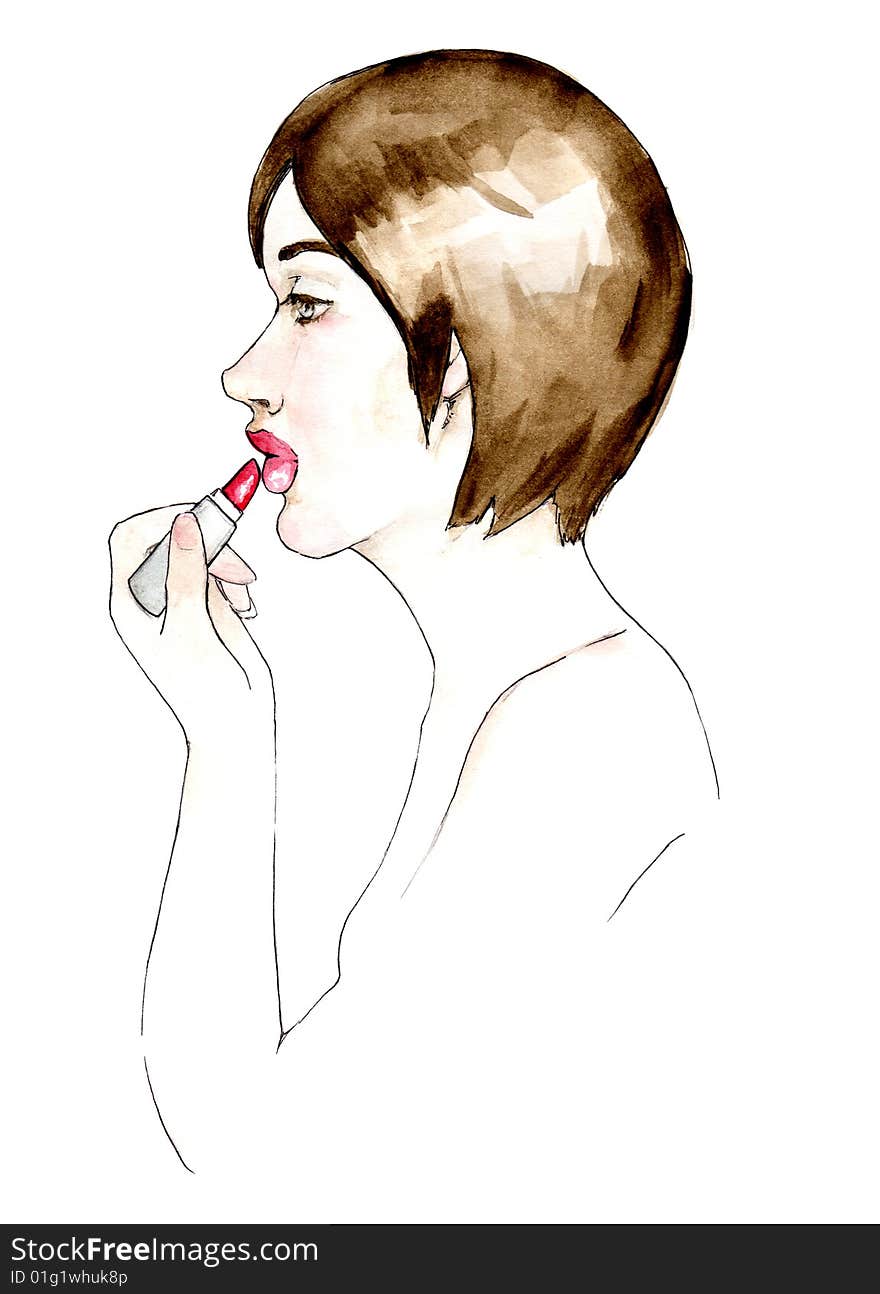 A watercolor illustration of a girl applying red lipstick.