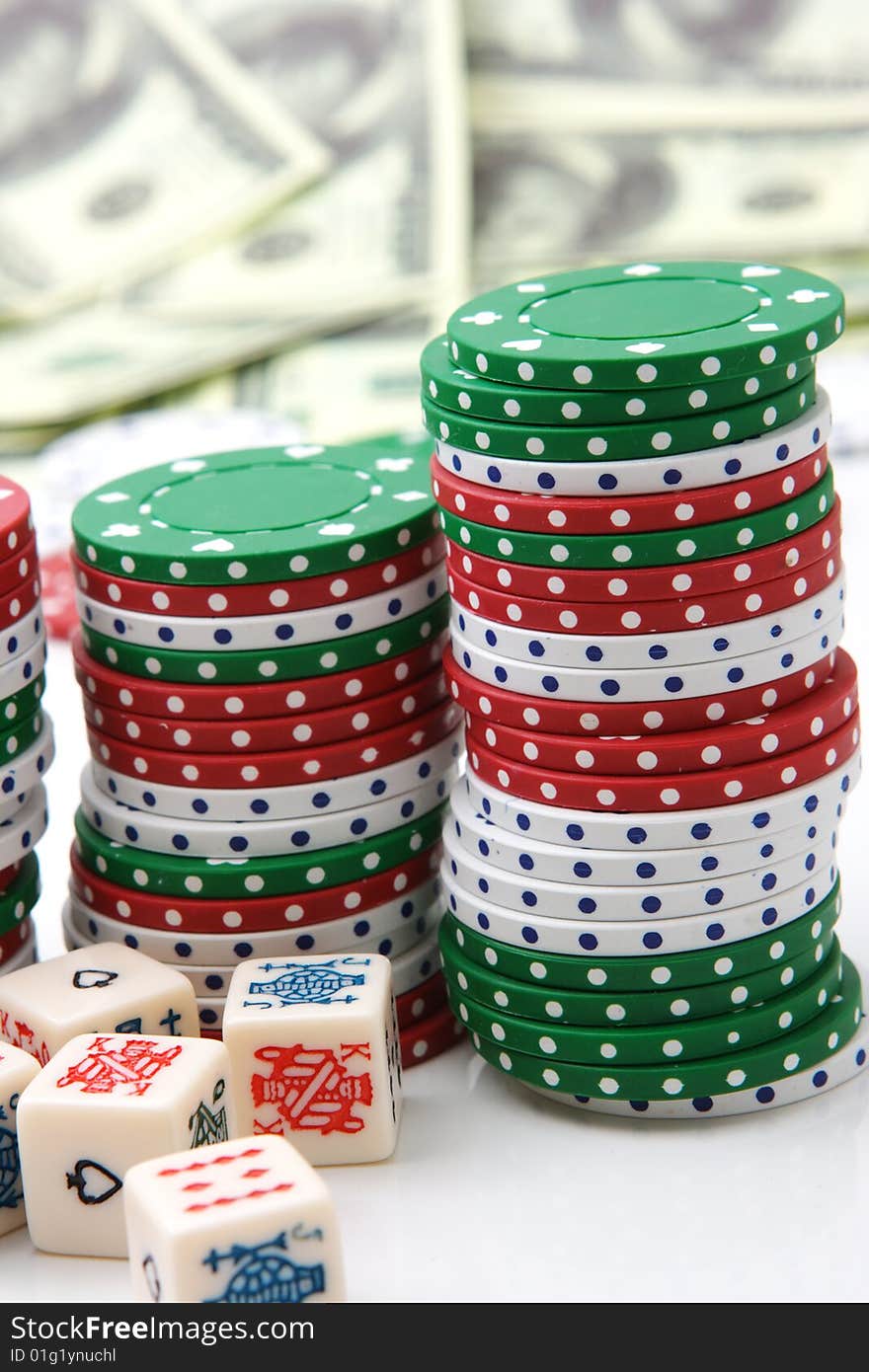 Colorful stacks of poker chips. Series of casino