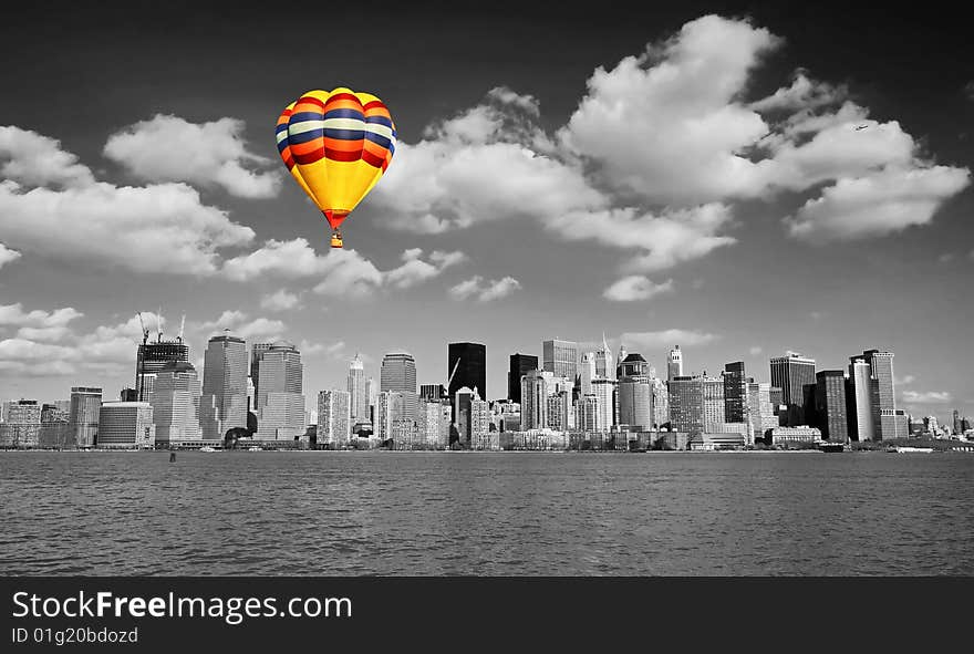 The Lower Manhattan skyline in a classic black and white format