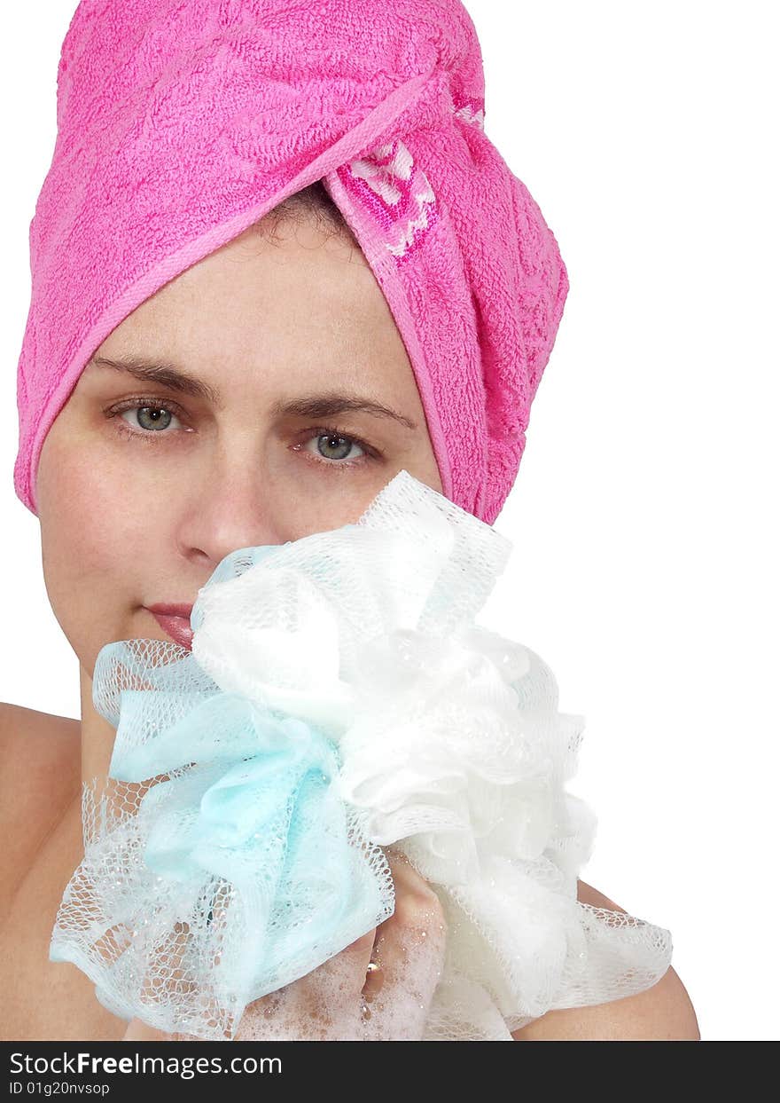 Woman with towel on head and soaped by sponge. Woman with towel on head and soaped by sponge