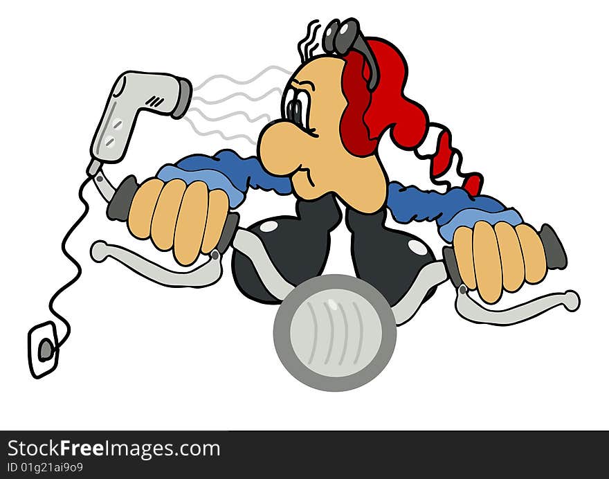 This illustration depicts a funny rider with hair dryer. This illustration depicts a funny rider with hair dryer