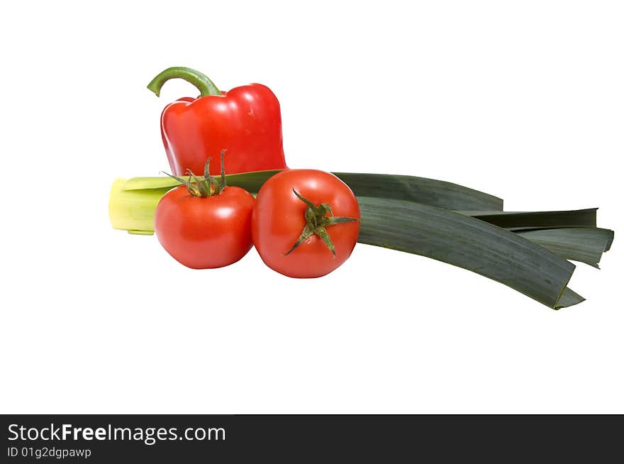 Pepper,leek and tomatoes isolated on a white background. Pepper,leek and tomatoes isolated on a white background.