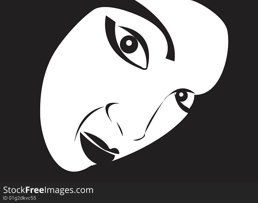 Black and white vector illustration of a face in the dark. Black and white vector illustration of a face in the dark