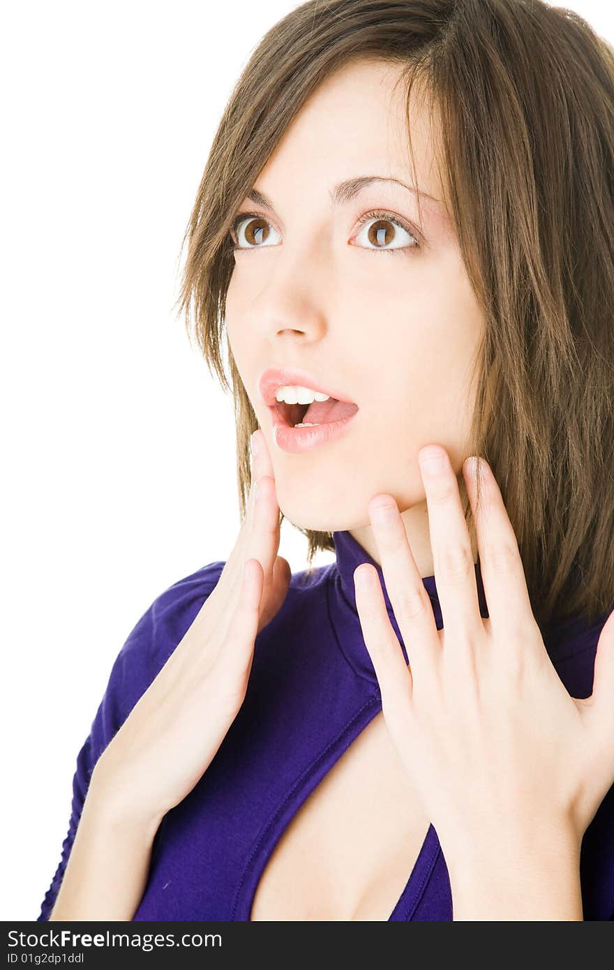 Portrait of beautiful caucasian young woman on white background