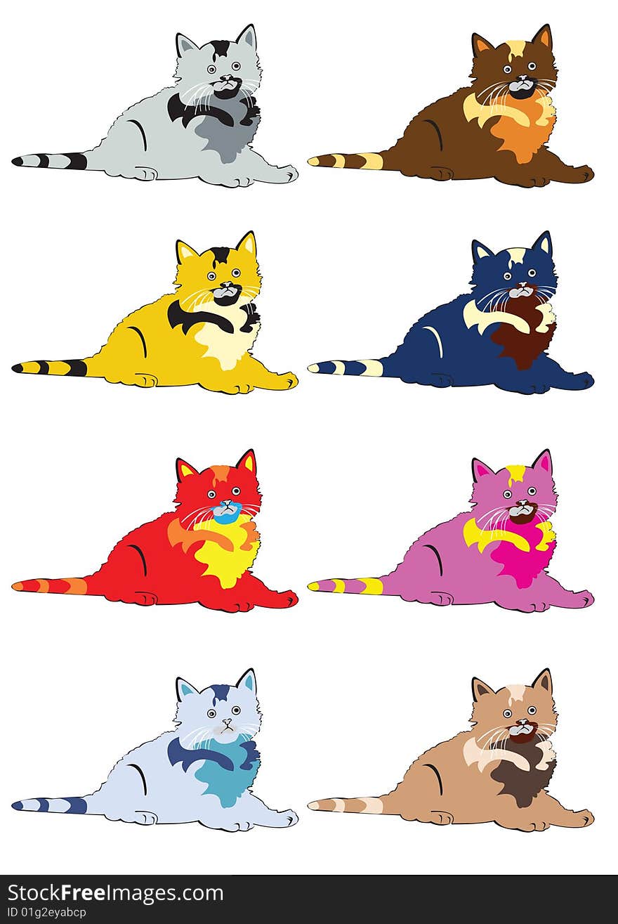 Vector illustration of a cat in eight different color sets. Vector illustration of a cat in eight different color sets