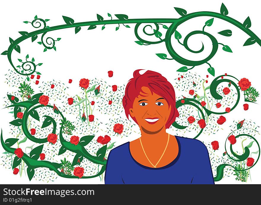 Abstract vector illustration of a girl and flowers in background. Abstract vector illustration of a girl and flowers in background