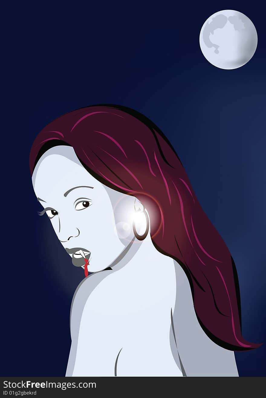 Vector illustration of a young vampire girl and the moon. Vector illustration of a young vampire girl and the moon