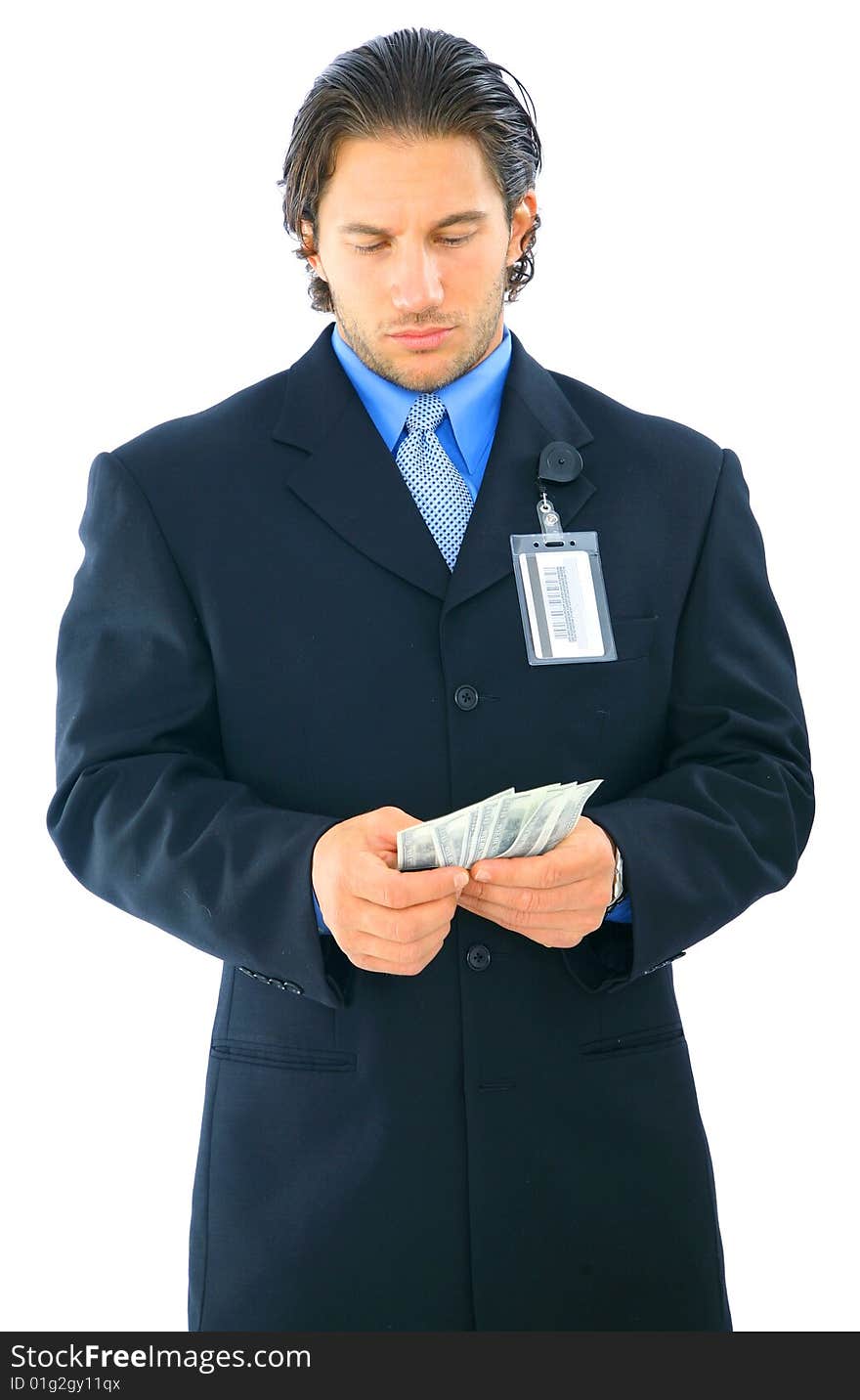 Confused young caucasian businessman counting money. isolated on white. Confused young caucasian businessman counting money. isolated on white