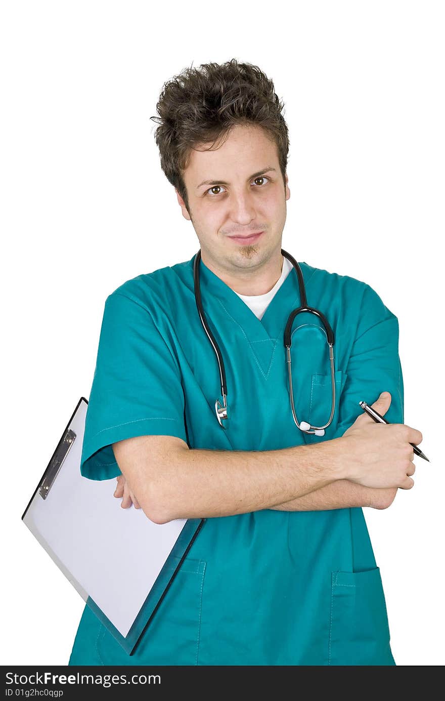 Young doctor with green gown