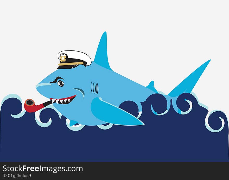 Vector illustration of a fat shark with a captain's hat and a pipe. She's so happy because she had a captain for a dinner!. Vector illustration of a fat shark with a captain's hat and a pipe. She's so happy because she had a captain for a dinner!