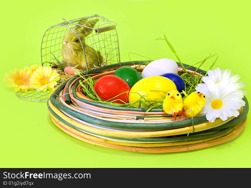 Easter decoration on green background