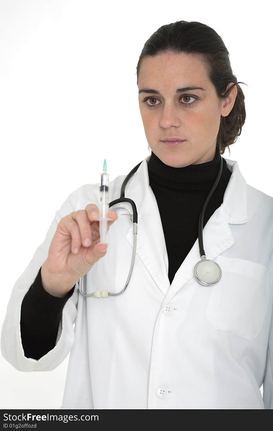 Attractive nurse and doctor holding a needle. Attractive nurse and doctor holding a needle