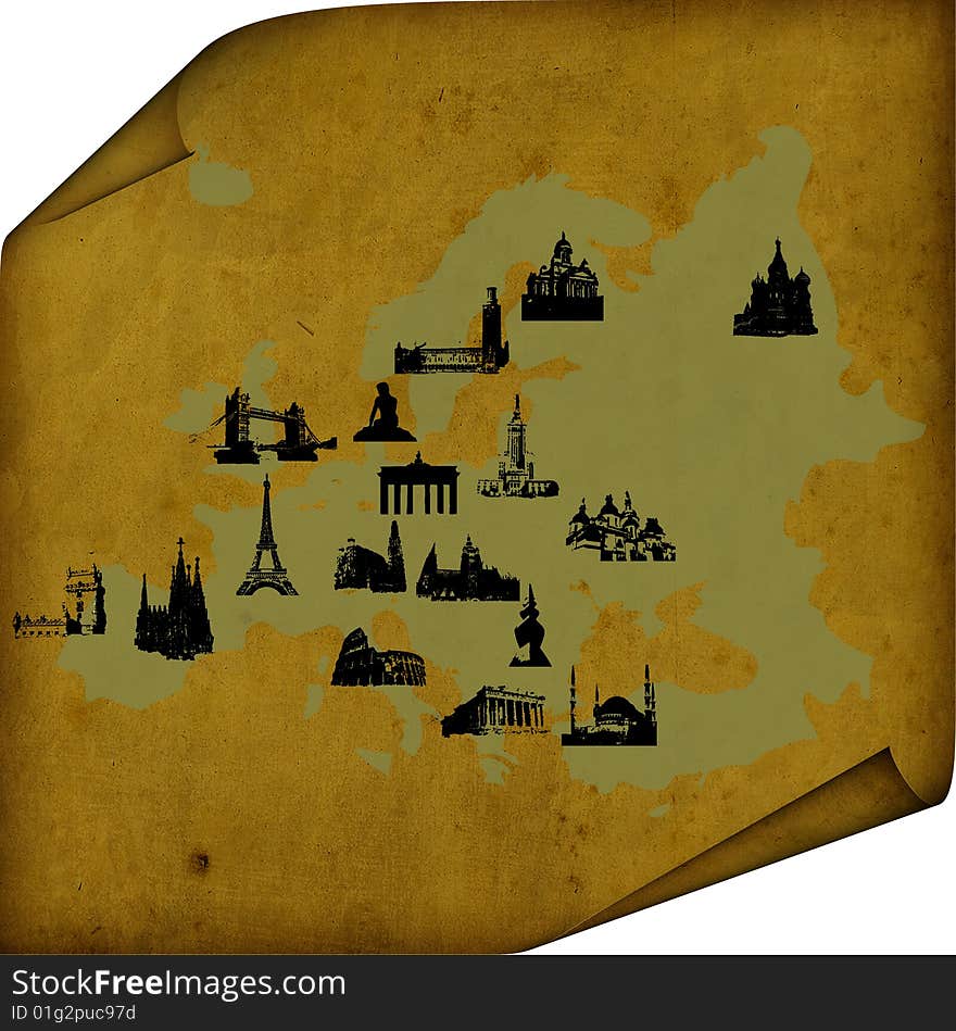 Old map of Europe with main landmarks drawings. Old map of Europe with main landmarks drawings