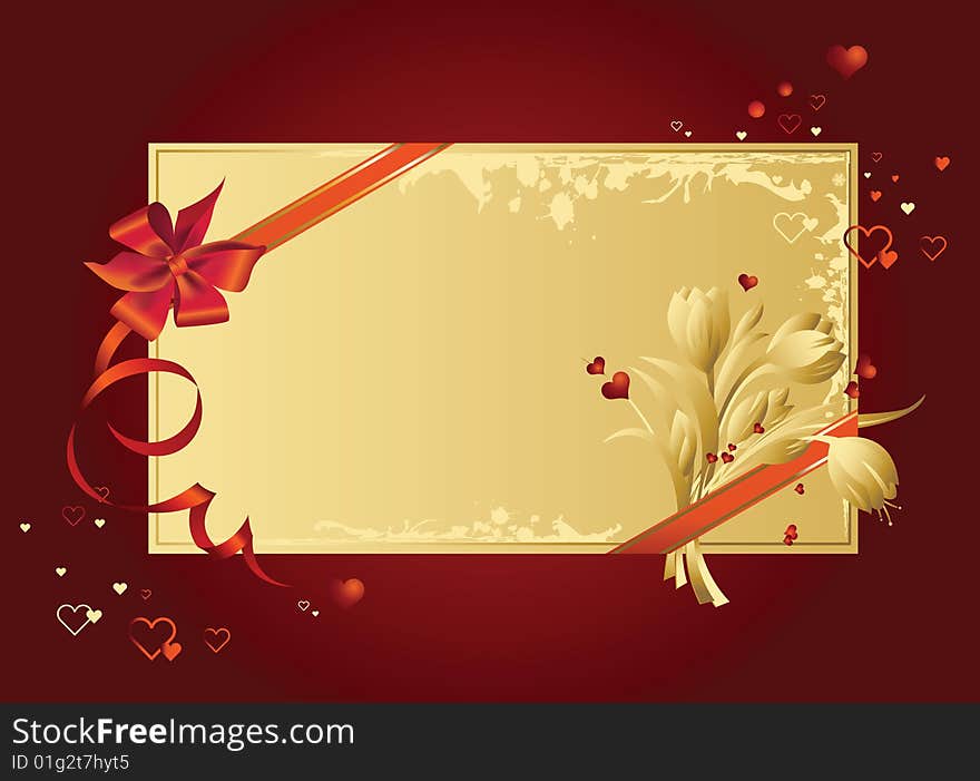 Celebratory card, with red ribbon and flowers with copy space. Vector illustration.