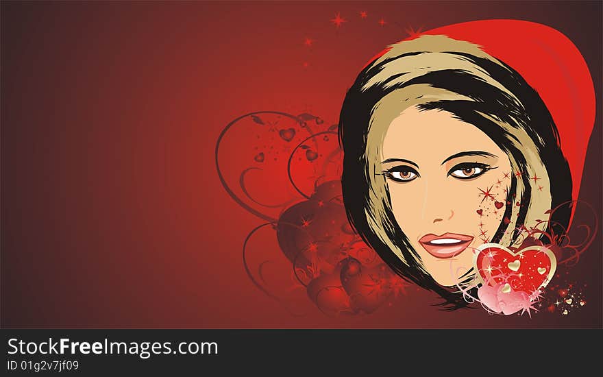 Portrait of beautiful woman in a hood. Composition for card. Vector illustration