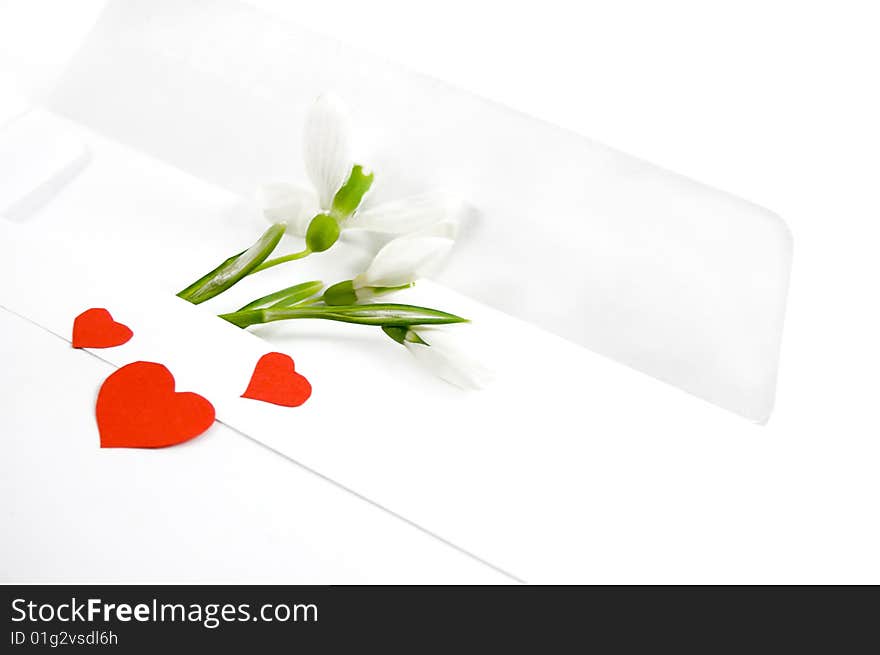 White envelope with snowdrops and red hearts over white. White envelope with snowdrops and red hearts over white