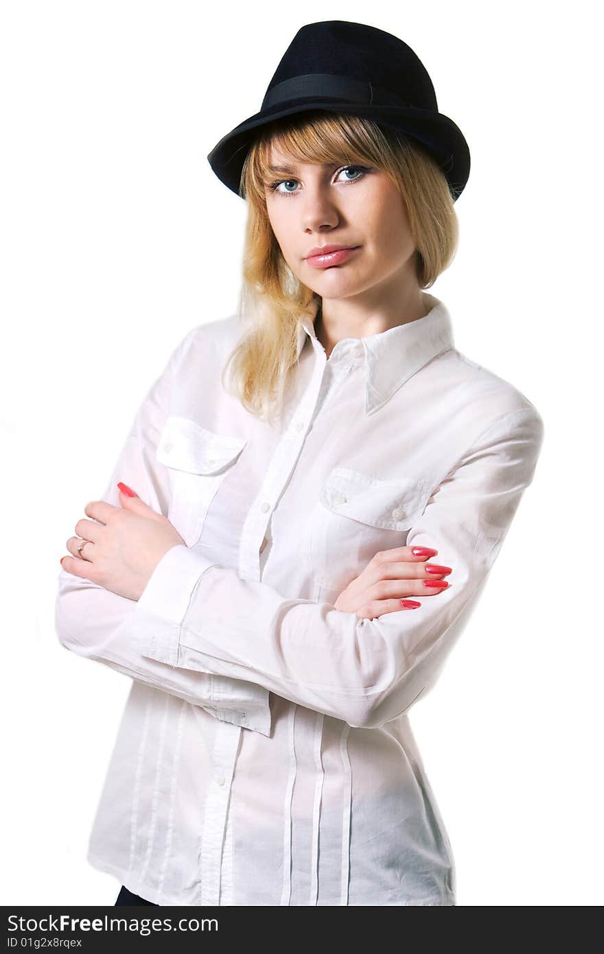 Lady wearing hat on white background. Lady wearing hat on white background