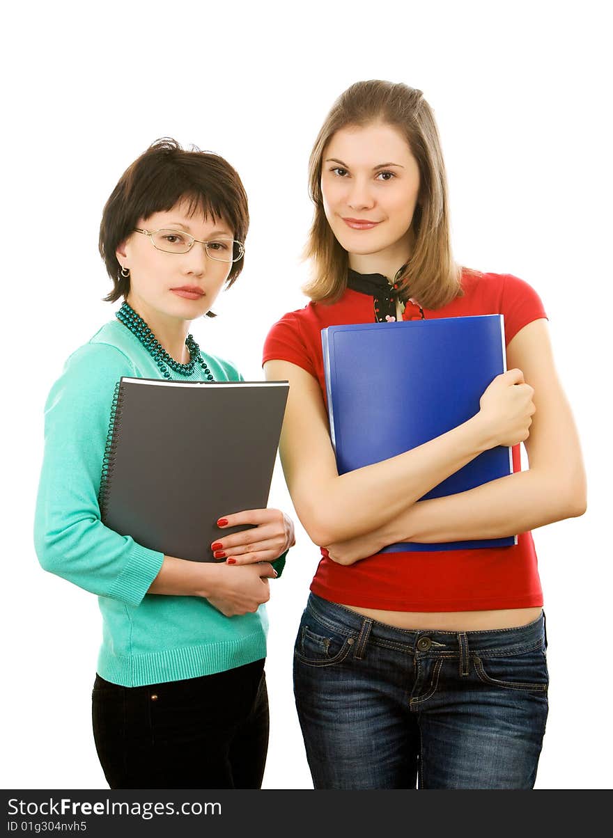 Two Girls With Folders; Isolated On White