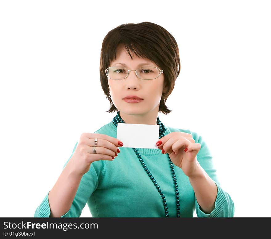 Woman With A Business Card; Isolated On White