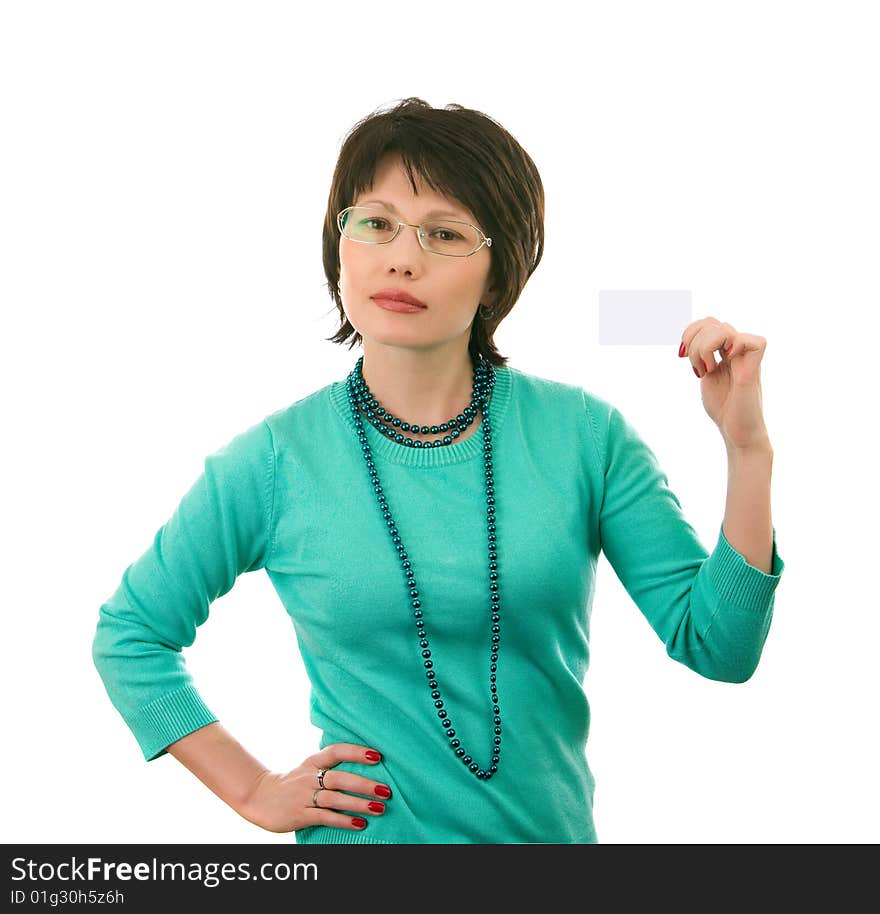 Woman With A Business Card; Isolated On White