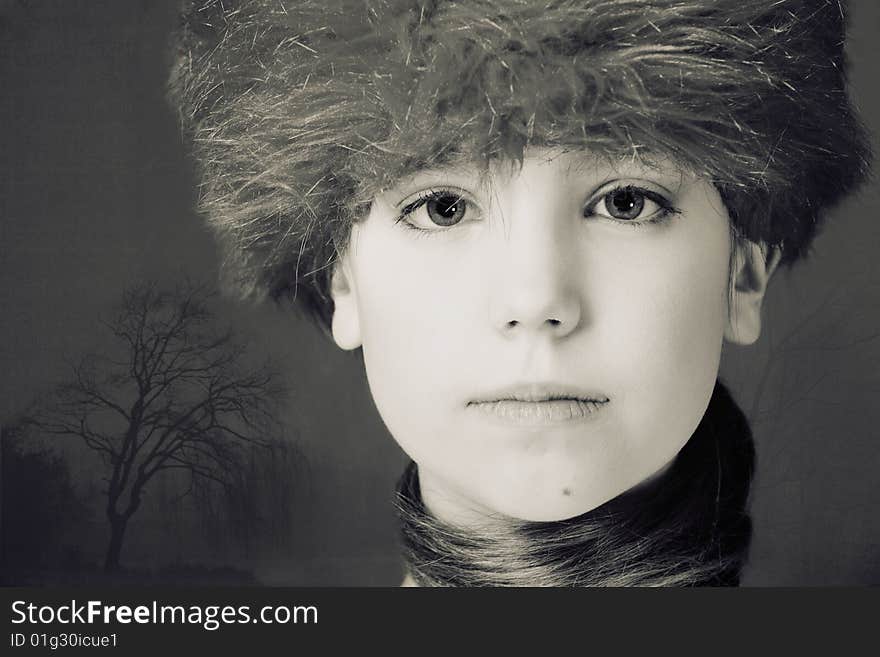 Young girl in a old portrait setting with a hairy cap. Young girl in a old portrait setting with a hairy cap