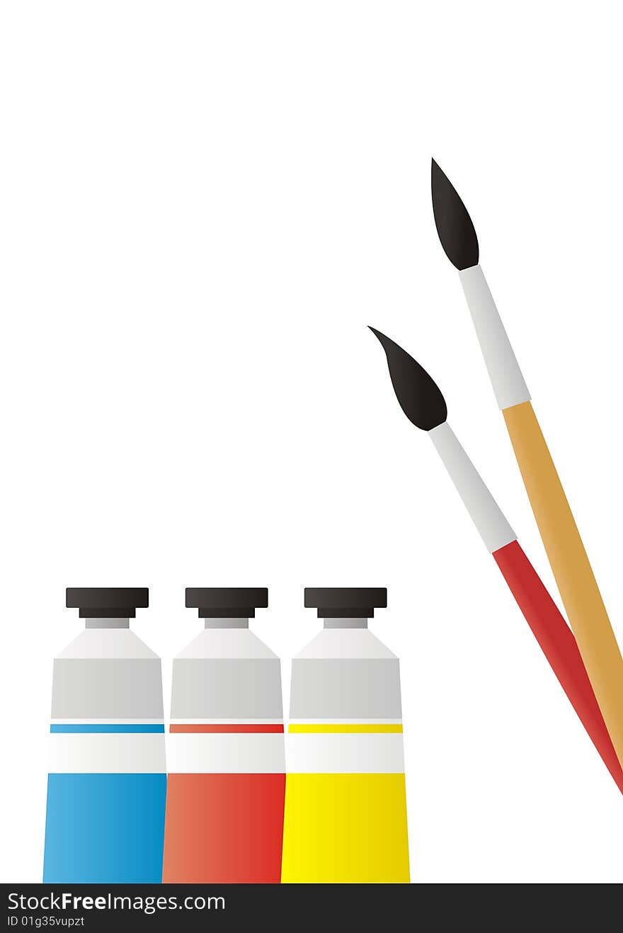 On a white background three tubes with a paint are located. On tubes colour labels. Near to them there are brushes. On a white background three tubes with a paint are located. On tubes colour labels. Near to them there are brushes.