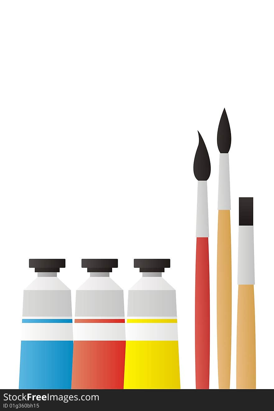 On a white background three tubes with a paint are located. On tubes colour labels. Near to them there are brushes. On a white background three tubes with a paint are located. On tubes colour labels. Near to them there are brushes.