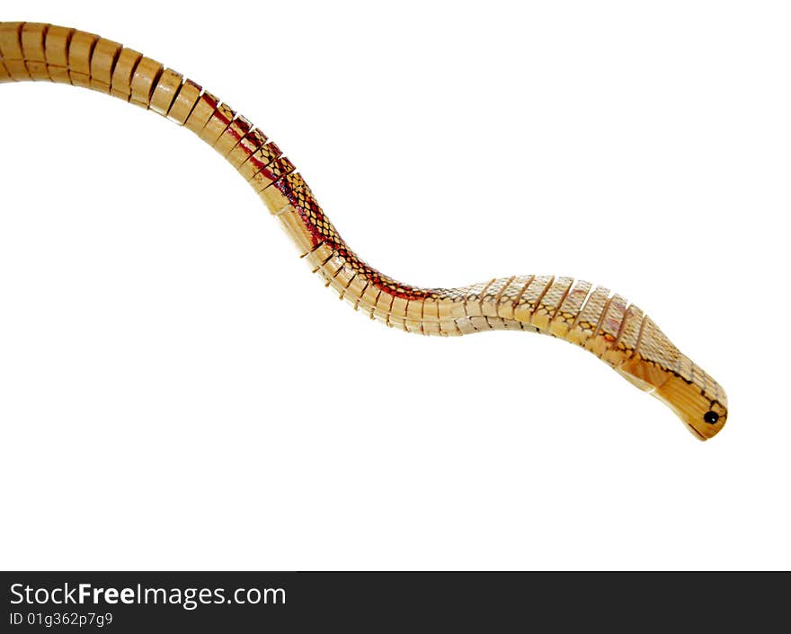 A wooden snake with a white background