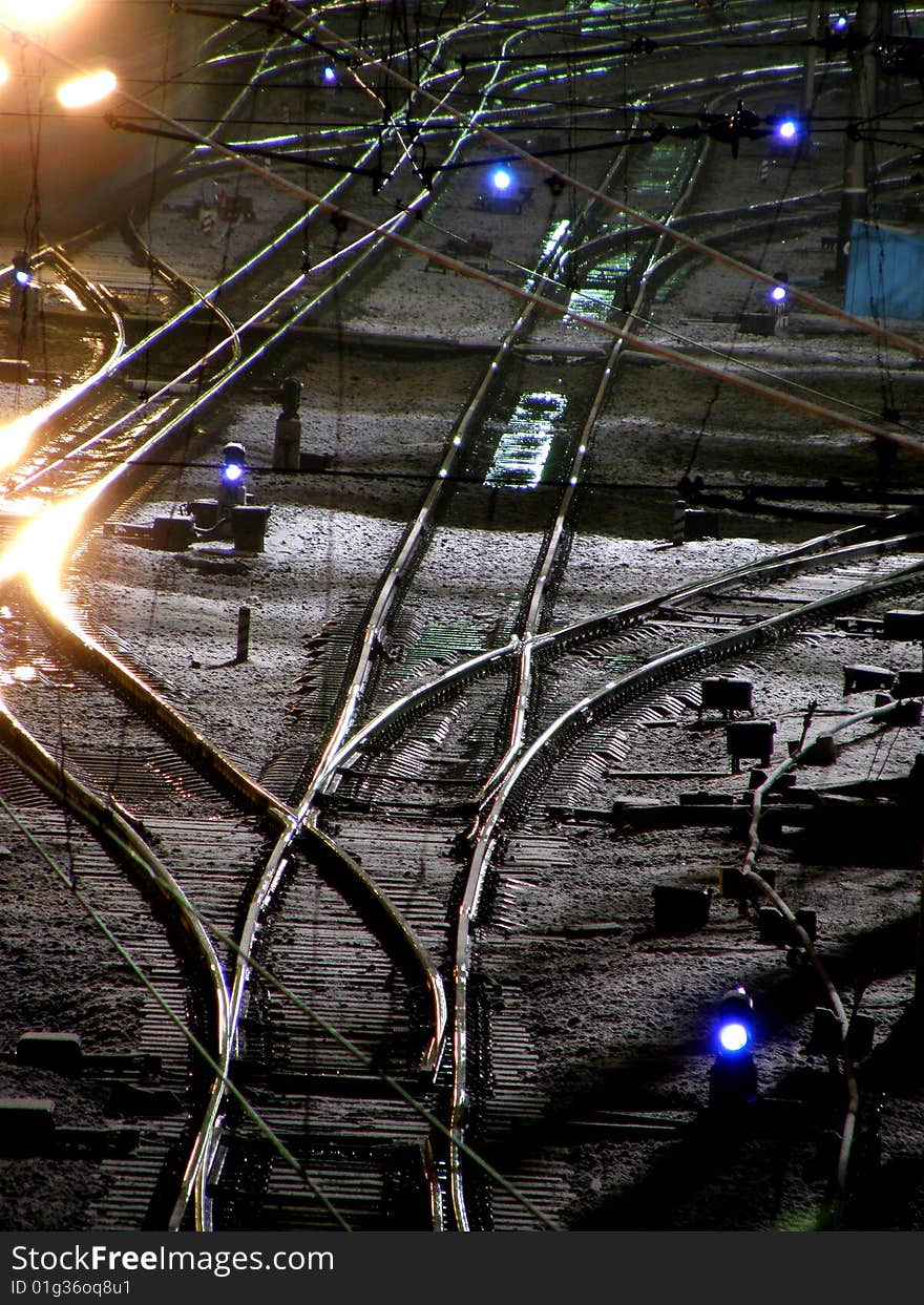 The railroad crossing at night. The railroad crossing at night