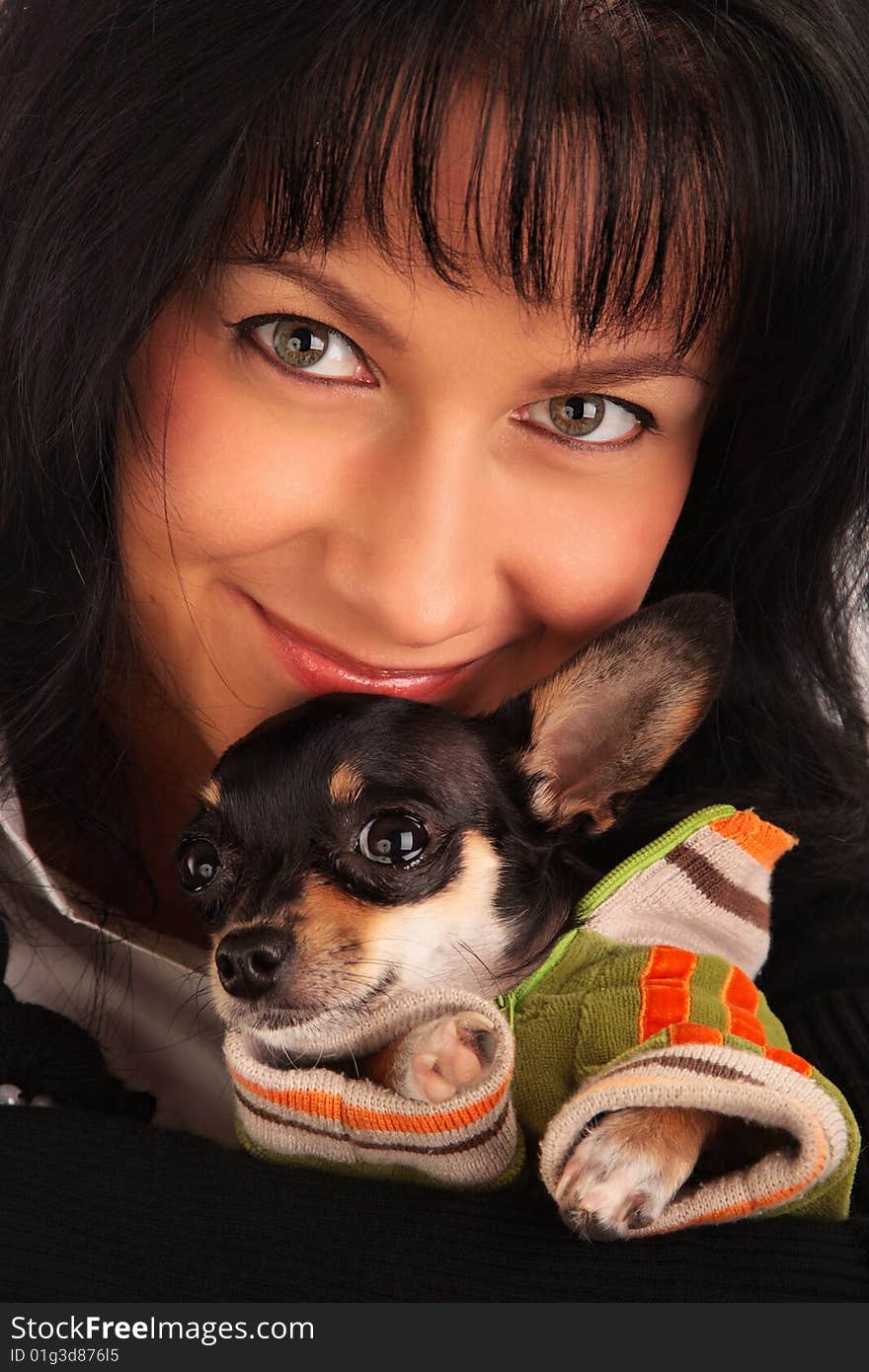 Woman holding a little dog. Friendship and care concept. Woman holding a little dog. Friendship and care concept.