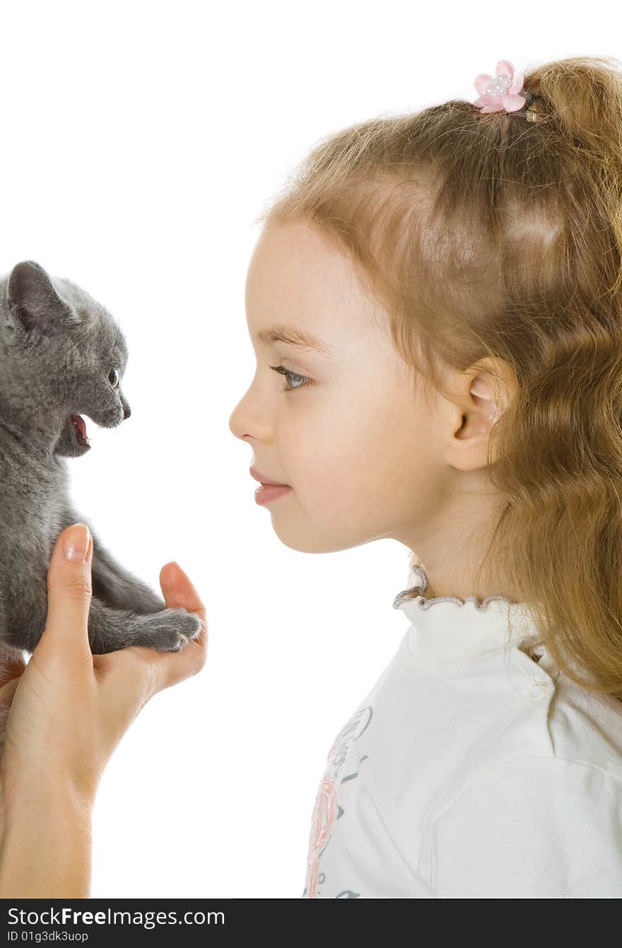 Young girl with kitten. Isolated on white background