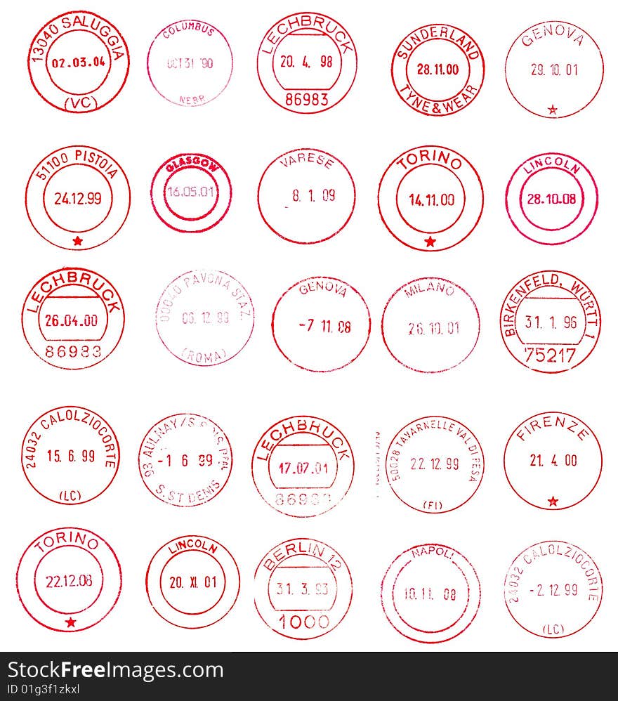 Red circular postage stamps background