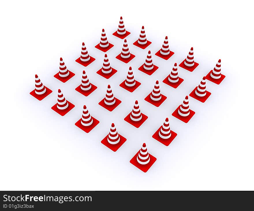 Road red-white cones on a white background. Road red-white cones on a white background