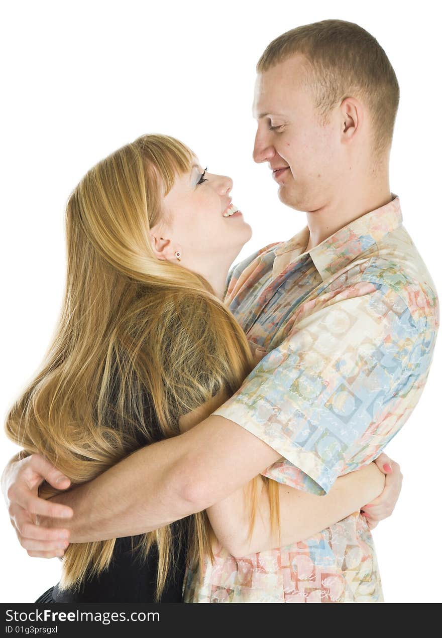 Young couple in love. Isolated on white background