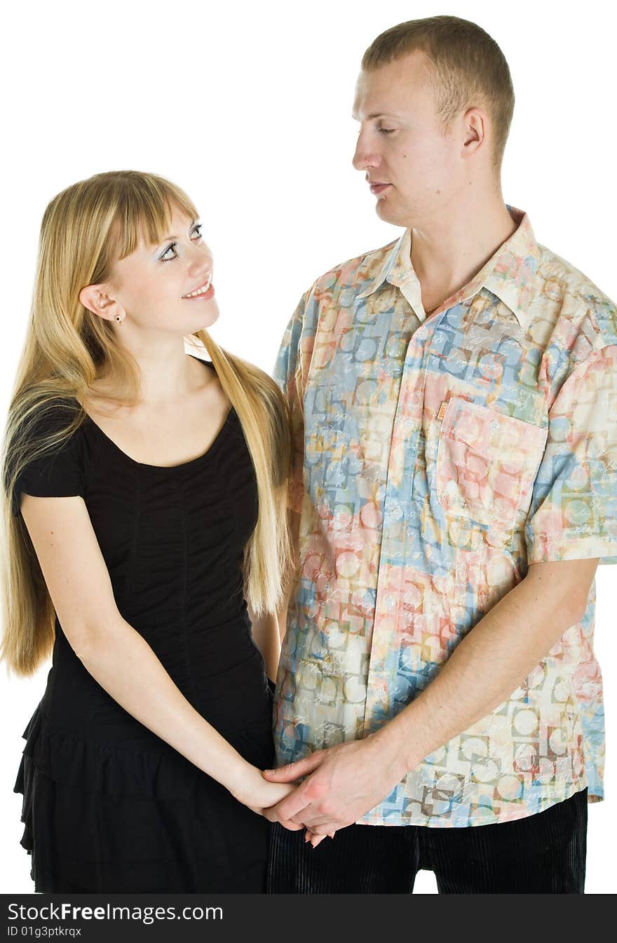 Young couple in love. Isolated on white background