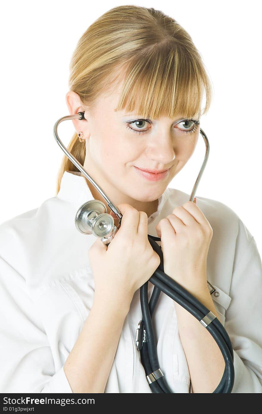 Young female doctor. Isolated on white background