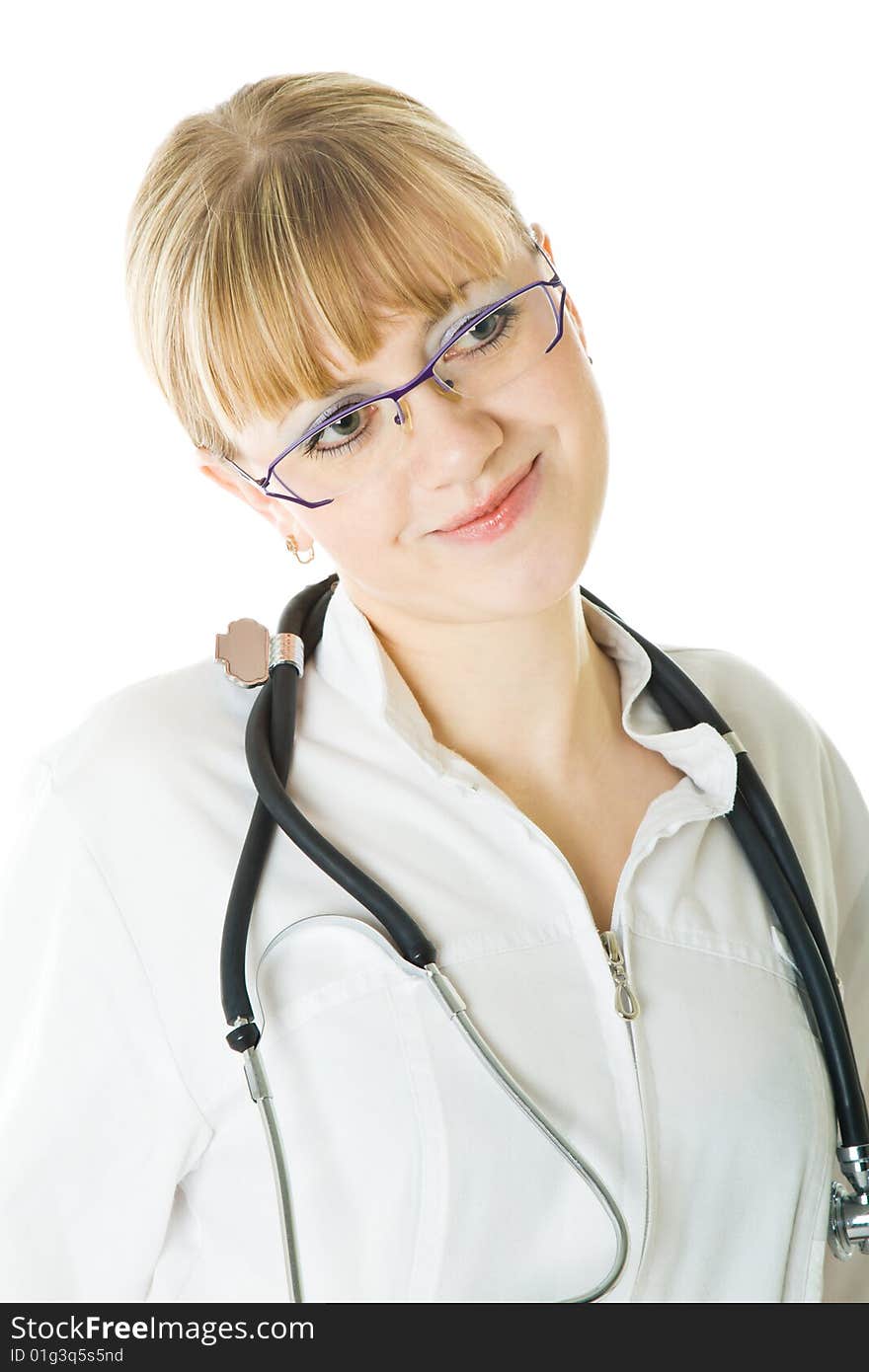 Young female doctor. Isolated on white background