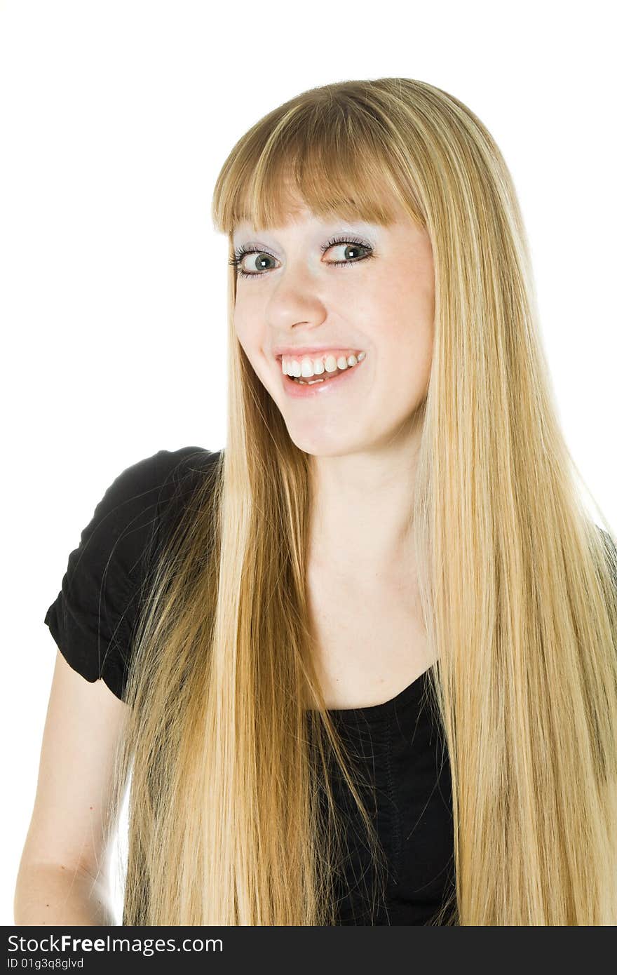 Portrait of a smiling blonde woman. Isolated on white background