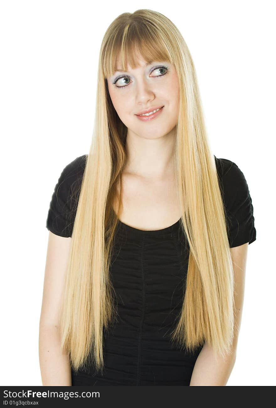 Portrait of a smiling blonde woman. Isolated on white background