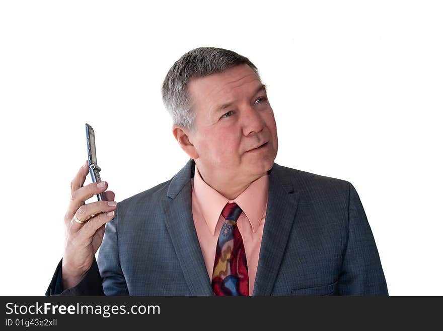 Portrait of a senior businessman with cell phone, isolated on a white background. Portrait of a senior businessman with cell phone, isolated on a white background.