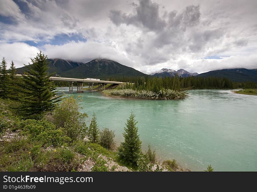 Bow river with the distant highway in the background.