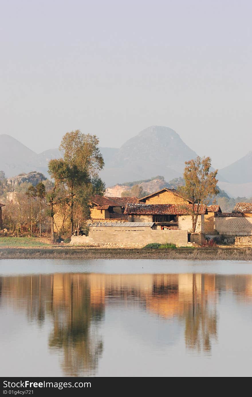 In the setting sun village, is tranquil and is beautiful